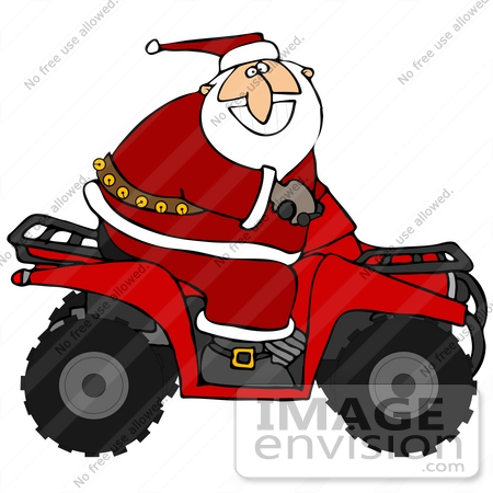#36926 Clip Art Graphic of Santa Having Fun and Riding a Red ATV by DJArt