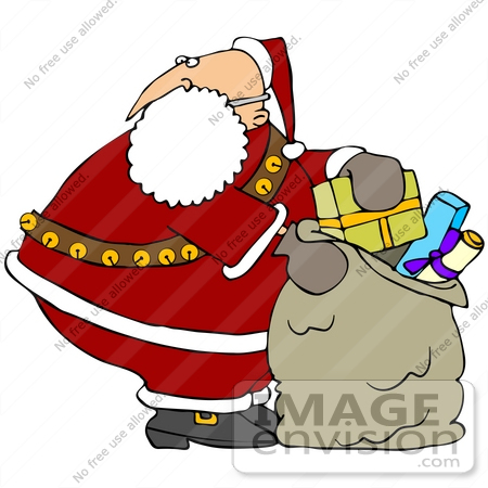 #36927 Clip Art Graphic of Santa Pulling a Christmas Present Out of the Toy Sack by DJArt