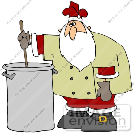 #36931 Clip Art Graphic of Santa Stirring a Pot of Soup or Stew by DJArt