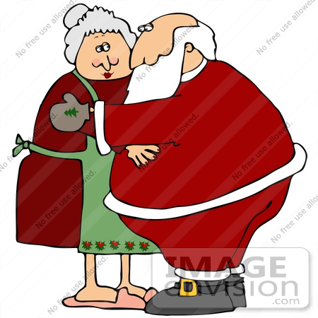 #36932 Clip Art Graphic of Santa Hugging and Adoring Mrs Claus by DJArt