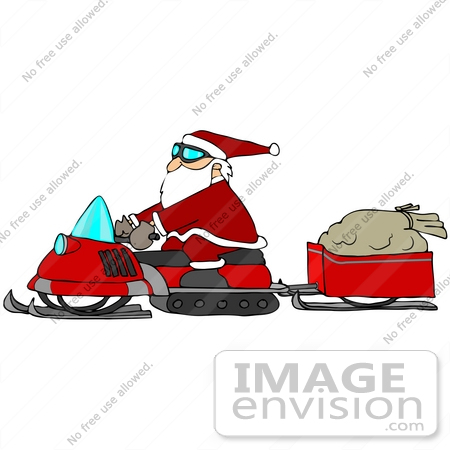 #36937 Clip Art Graphic of Santa Pulling His Sack of Toys in a Trailer Behind His Snowmobile by DJArt