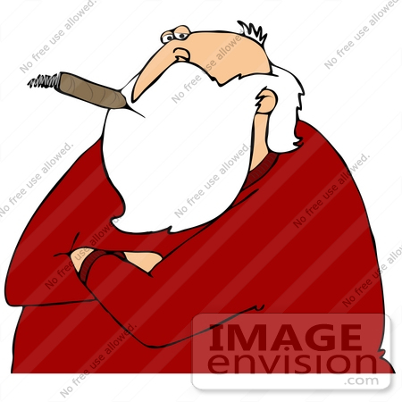 #36938 Clip Art Graphic of Santa Looking Cynical With His Arms Crossed, Smoking a Cigar by DJArt