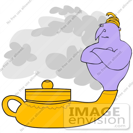 #36944 Clip Art Graphic of a Grumpy Purple Genie Emerging From His Lamp by DJArt