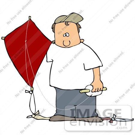 #36945 Clip Art Graphic of a Cacuasian Boy Holding His Red Kite by DJArt