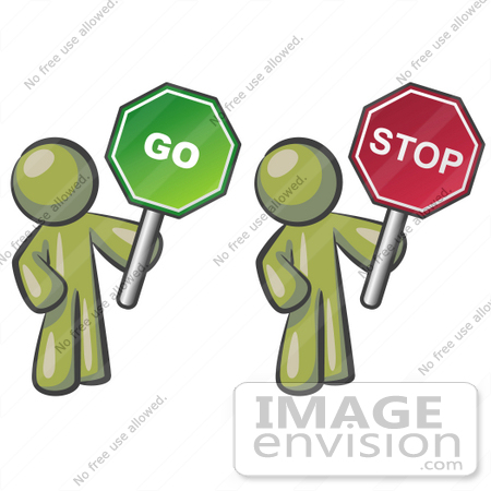 #36993 Clip Art Graphic of Olive Green Guy Characters Holding Go and Stop Signs by Jester Arts