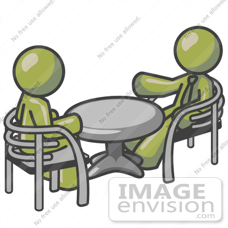 #36996 Clip Art Graphic of Olive Green Guy Characters Discussing at a Table by Jester Arts