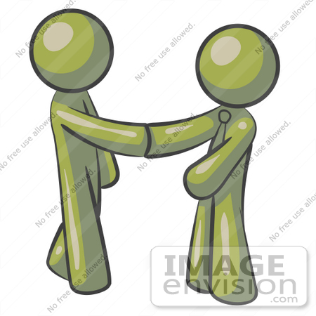 #36997 Clip Art Graphic of Olive Green Guy Characters Shaking Hands by Jester Arts