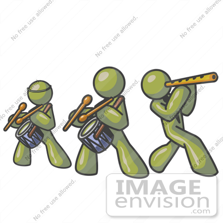 #36998 Clip Art Graphic of Olive Green Guy Characters Playing Flutes and Drums in a Band by Jester Arts