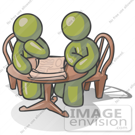 #37000 Clip Art Graphic of Olive Green Guy Characters Planning at a Table by Jester Arts