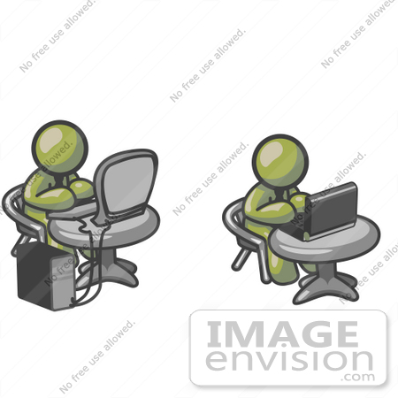 #37001 Clip Art Graphic of Olive Green Guy Characters Working on Laptop and Desktop Computers by Jester Arts