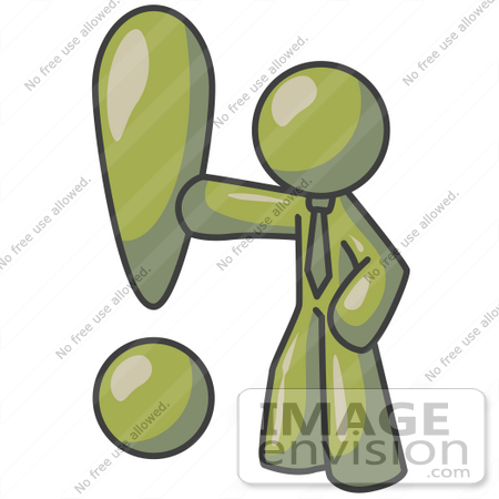 #37003 Clip Art Graphic of an Olive Green Guy Character With an Exclamation Point by Jester Arts
