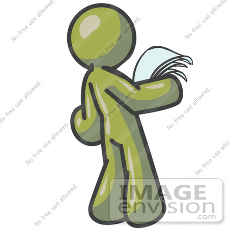#37004 Clip Art Graphic of an Olive Green Guy Character Reading a Letter by Jester Arts