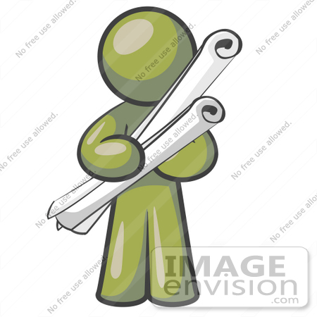#37005 Clip Art Graphic of an Olive Green Guy Character Holding Scrolls by Jester Arts