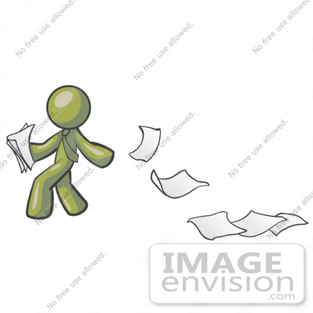 #37006 Clip Art Graphic of an Olive Green Guy Character Dropping Papers by Jester Arts