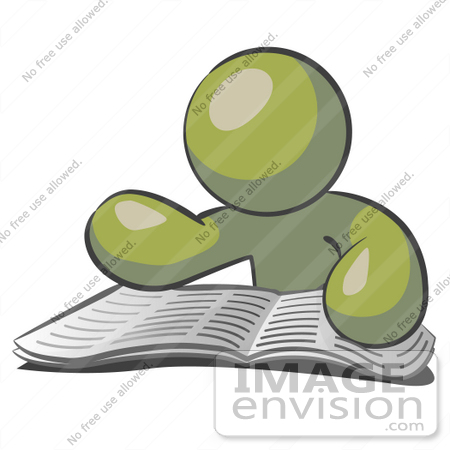 #37007 Clip Art Graphic of an Olive Green Guy Character Reading the News by Jester Arts