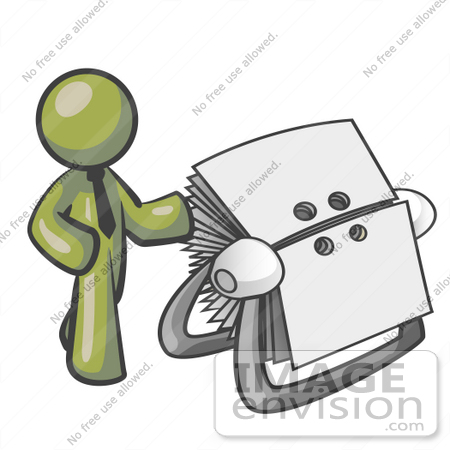 #37008 Clip Art Graphic of an Olive Green Guy Character With a Rolodex by Jester Arts