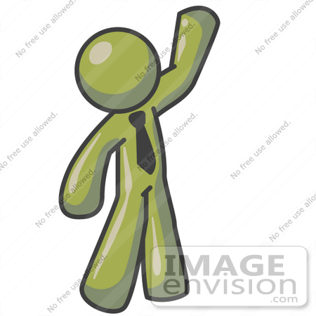 #37009 Clip Art Graphic of an Olive Green Guy Character Waving by Jester Arts
