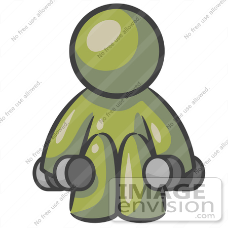 #37010 Clip Art Graphic of an Olive Green Guy Character Working Out With Dumbbells by Jester Arts