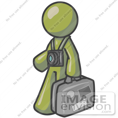 #37015 Clip Art Graphic of an Olive Green Guy Character Tourist With a Camera and Luggage by Jester Arts