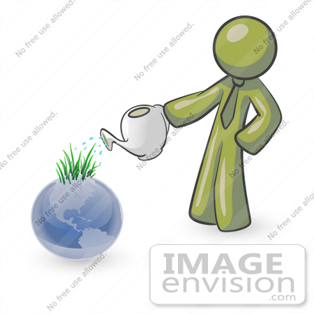 #37016 Clip Art Graphic of an Olive Green Guy Character Watering Planet Earth by Jester Arts