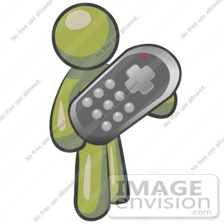 #37027 Clip Art Graphic of an Olive Green Guy Character Holding a Remote Control by Jester Arts