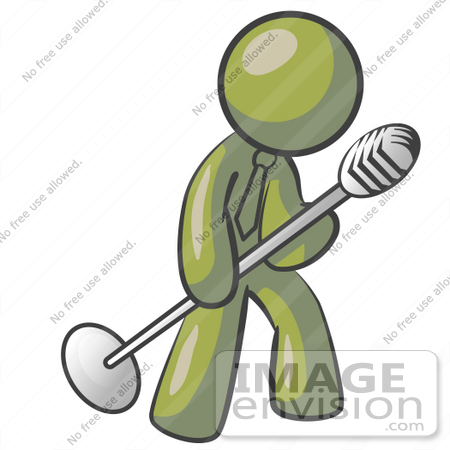 #37028 Clip Art Graphic of an Olive Green Guy Character Singing and Tilting a Microphone by Jester Arts