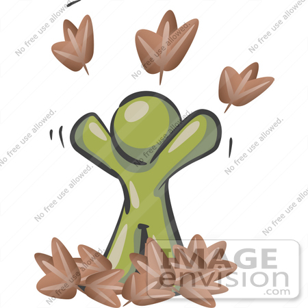 #37032 Clip Art Graphic of an Olive Green Guy Character Playing in Leaves by Jester Arts