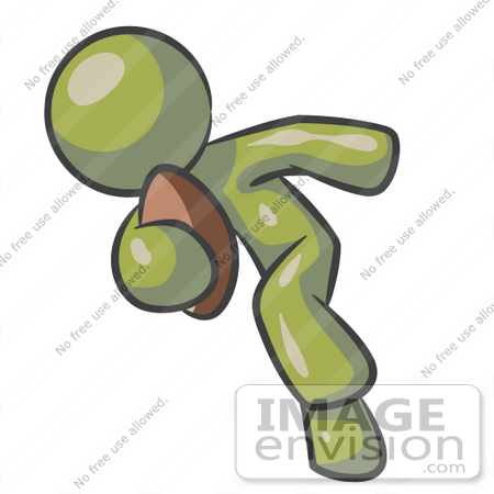 #37035 Clip Art Graphic of an Olive Green Guy Character Playing Football by Jester Arts