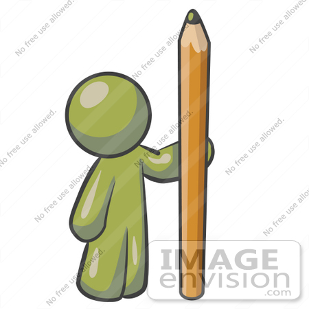 #37037 Clip Art Graphic of an Olive Green Guy Character Standing With a Pencil by Jester Arts