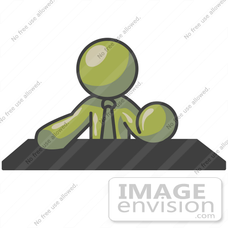 #37038 Clip Art Graphic of an Olive Green Guy Character Sitting at a Desk by Jester Arts
