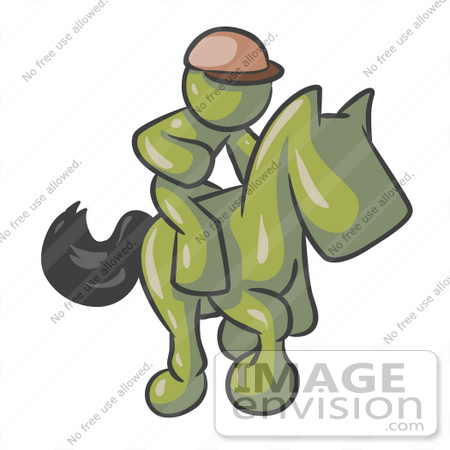 #37039 Clip Art Graphic of an Olive Green Guy Character Jockey Racing a Horse by Jester Arts