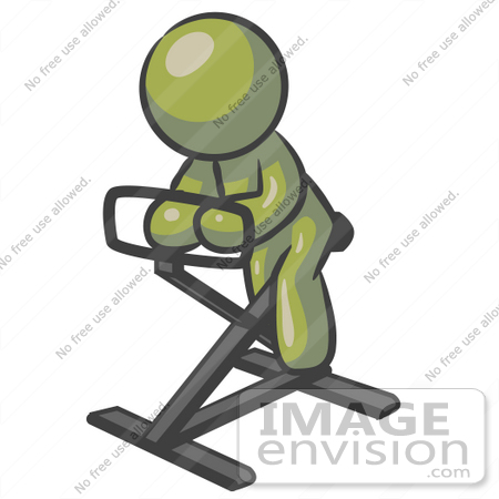 #37041 Clip Art Graphic of an Olive Green Guy Character Exercising on a Stationary Bike by Jester Arts