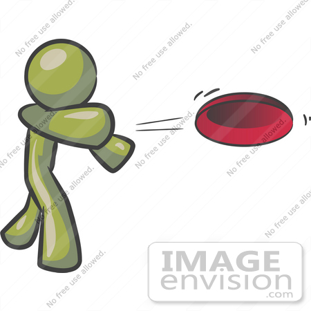 #37042 Clip Art Graphic of an Olive Green Guy Character Throwing a Frisbee by Jester Arts