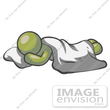 #37044 Clip Art Graphic of an Olive Green Guy Character Sleeping With a Pillow and Sheet by Jester Arts