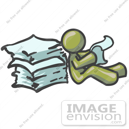 #37045 Clip Art Graphic of an Olive Green Guy Character Reading Paperwork by Jester Arts