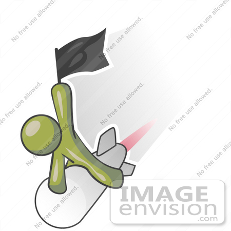 #37047 Clip Art Graphic of an Olive Green Guy Character Riding a Rocket by Jester Arts