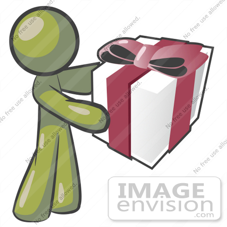 #37049 Clip Art Graphic of an Olive Green Guy Character Holding a Gift by Jester Arts