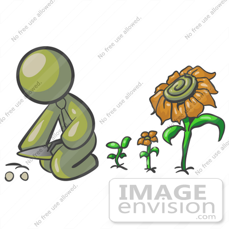 #37054 Clip Art Graphic of an Olive Green Guy Character Planting Sunflowers by Jester Arts