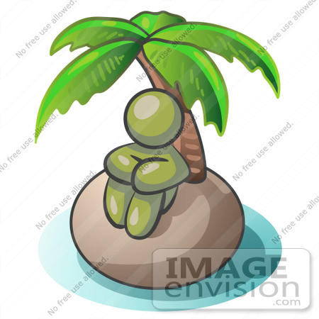 #37055 Clip Art Graphic of an Olive Green Guy Character on a Deserted Island by Jester Arts