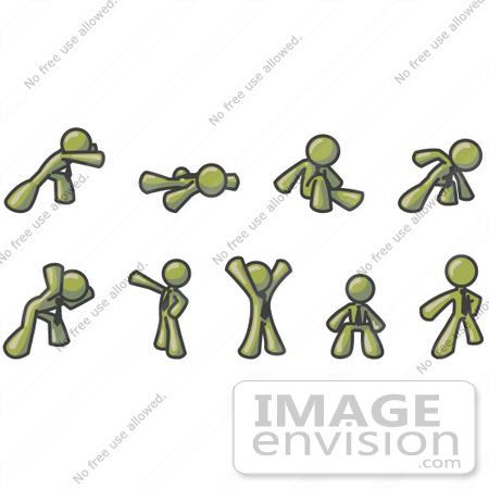 #37059 Clip Art Graphic of an Olive Green Guy Character in Different Poses by Jester Arts
