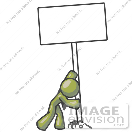 #37060 Clip Art Graphic of an Olive Green Guy Character Inserting a Post in the Ground by Jester Arts