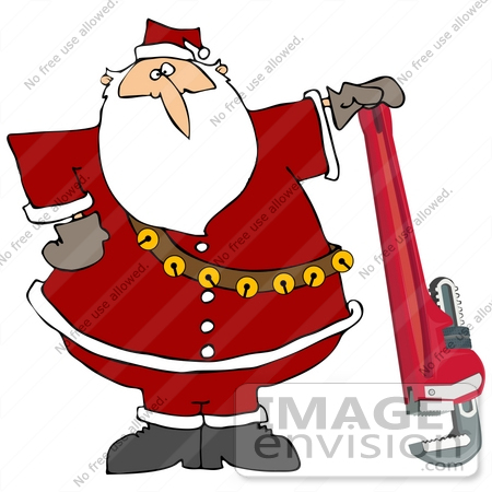 #37070 Clip Art Graphic of Santa Posing With a Pipe Wrench by DJArt