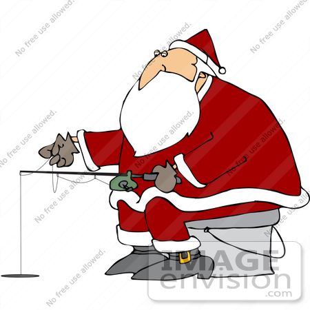#37071 Clip Art Graphic of Santa Claus Ice Fishing by DJArt