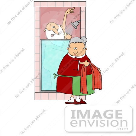 #37072 Clip Art Graphic of Santa Taking a Shower While Mrs Claus Fetches Him a Towel by DJArt