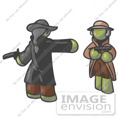 #37143 Clip Art Graphic of Olive Green Guy Characters Dueling by Jester Arts