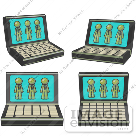 #37149 Clip Art Graphic of Olive Green Guy Characters on Laptop Screens by Jester Arts