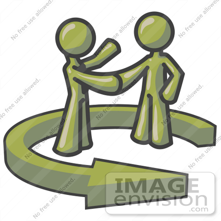 #37150 Clip Art Graphic of Olive Green Guy Characters Shaking Hands in a Circling Arrow by Jester Arts