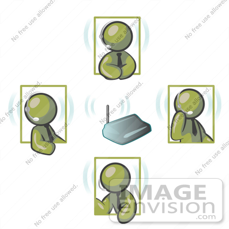 #37153 Clip Art Graphic of Olive Green Guy Characters Discussing During a Meeting on Headsets by Jester Arts