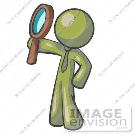 #37160 Clip Art Graphic of an Olive Green Guy Character Holding up a Magnifying Glass by Jester Arts