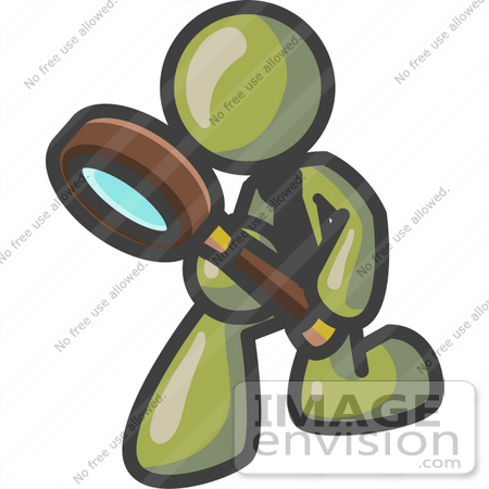 #37162 Clip Art Graphic of an Olive Green Guy Character Using a Magnifying Glass by Jester Arts